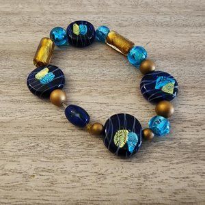 Blue and gold hand blown glass bead bracelet